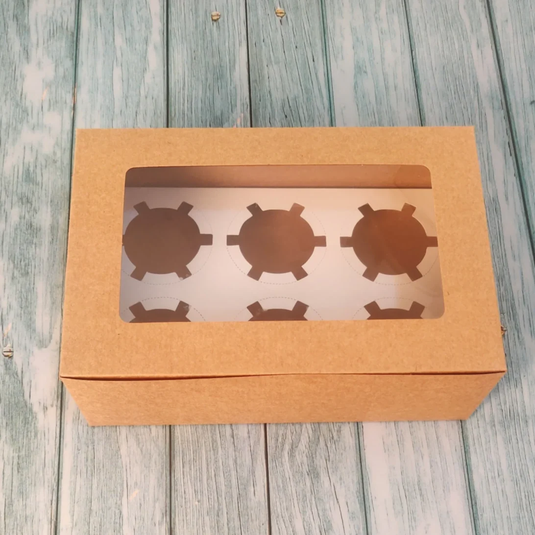 Cupcake Box For 6 - Kraft - 9x6x3 Inches