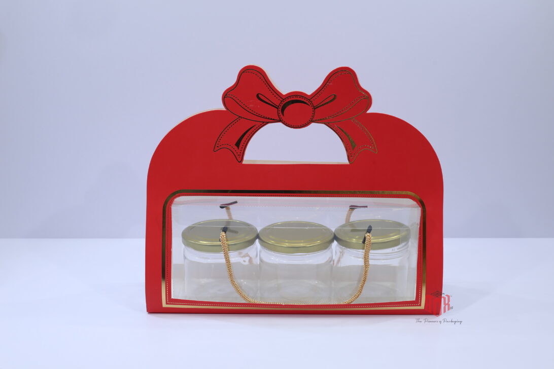 Bow Handle 3 Jar Gift Box with Window (3 × 8 × 3.75 Inches) – Premium Packaging
