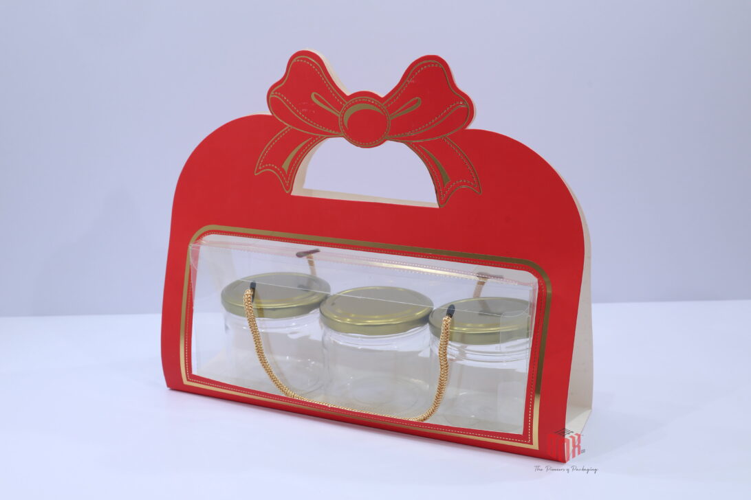 Bow Handle 3 Jar Gift Box with Window (3 × 8 × 3.75 Inches) – Premium Packaging