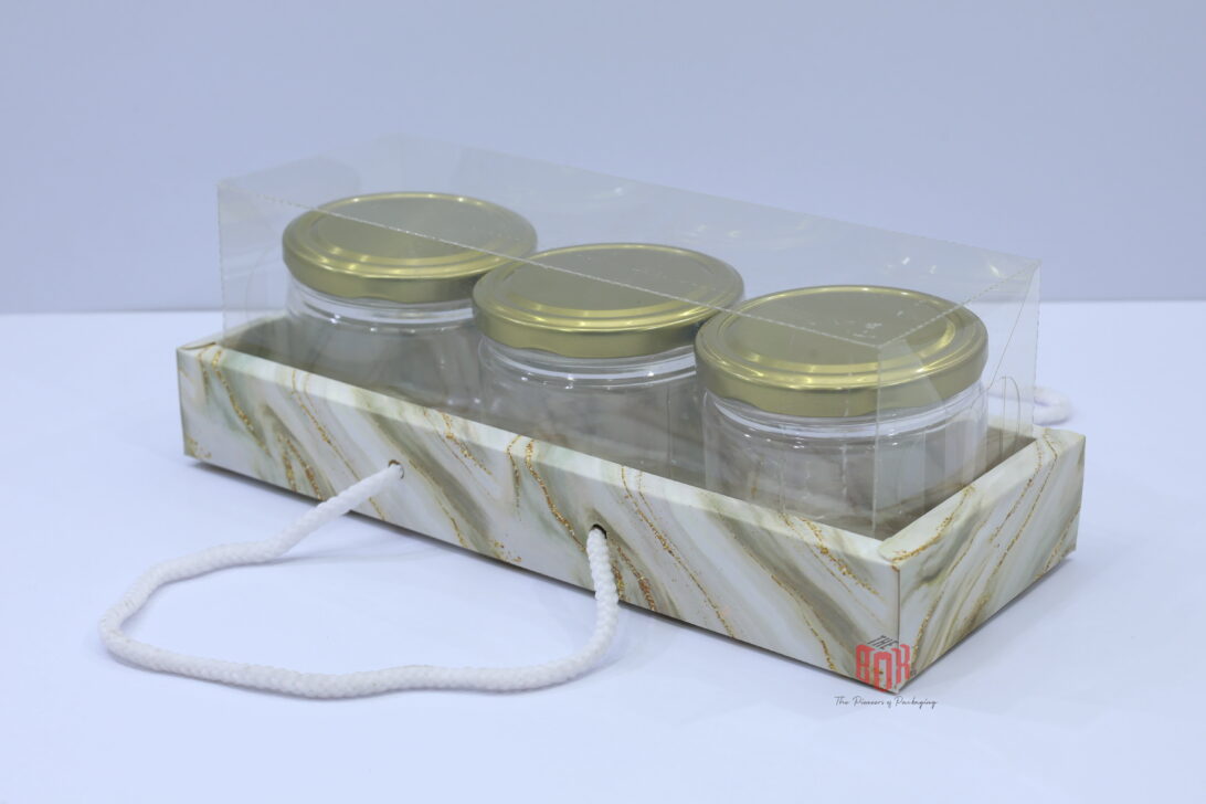 Premium 3 Jar Gift Box with Transparent PVC & Rope Handle – Elegant Packaging