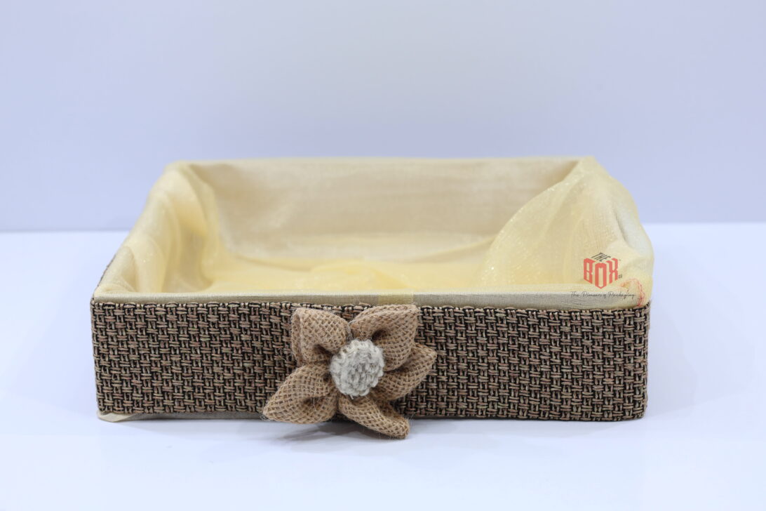 Luxury Fabric Tray Hamper Basket – Premium Gift Tray with Net Cover (12 x 12 x 3 inch)