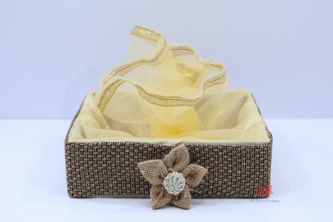 Luxury Fabric Tray Hamper Basket – Premium Gift Tray with Net Cover (12 x 12 x 3 inch)