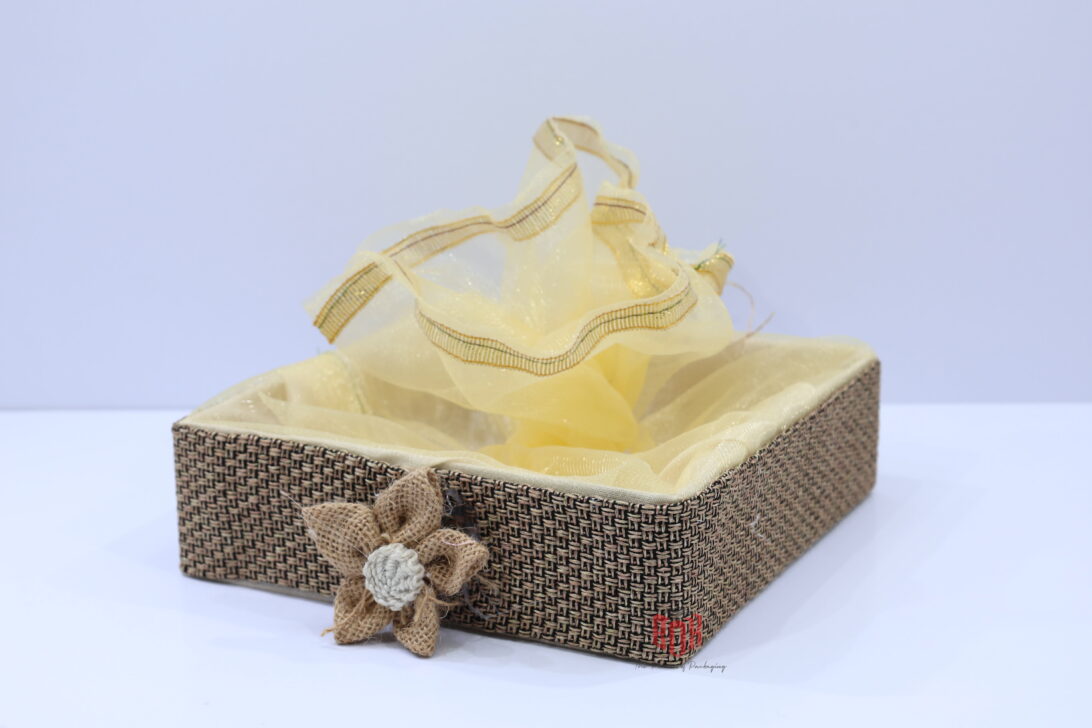 Luxury Fabric Tray Hamper Basket – Premium Gift Tray with Net Cover (12 x 12 x 3 inch)